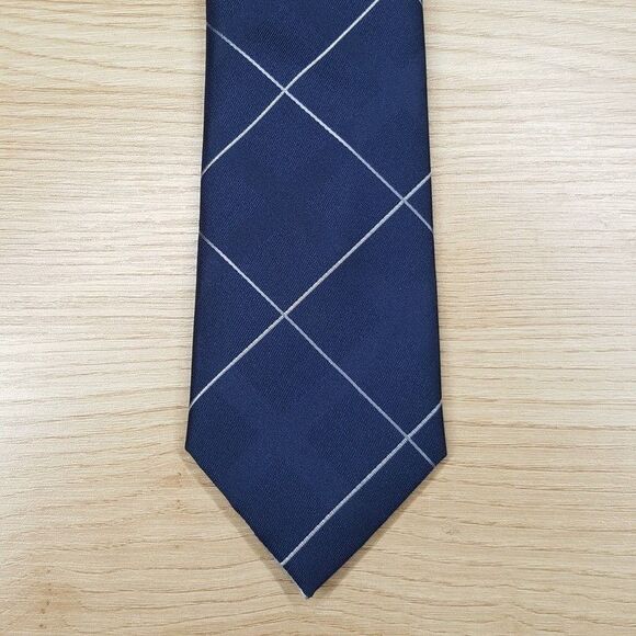 MICHAEL KORS Mens Neck Tie Navy Grid Check Stripe Classic Pointed Silk Blend - Picture 1 of 6